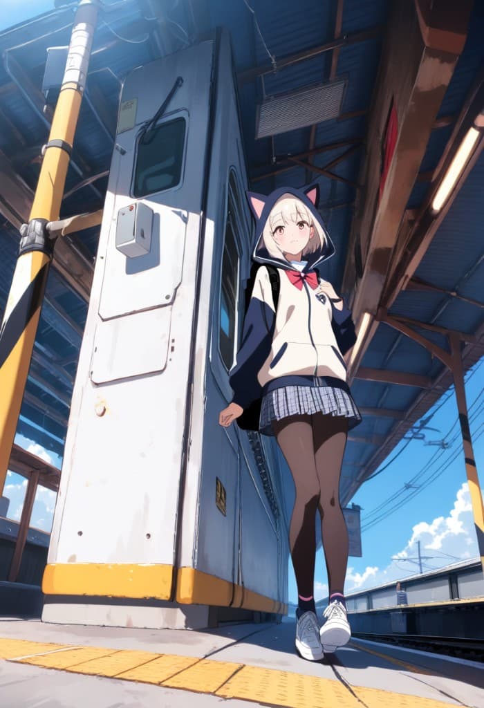 Sample illustration: schoolgirl on station platform (Flux 2 Pro)