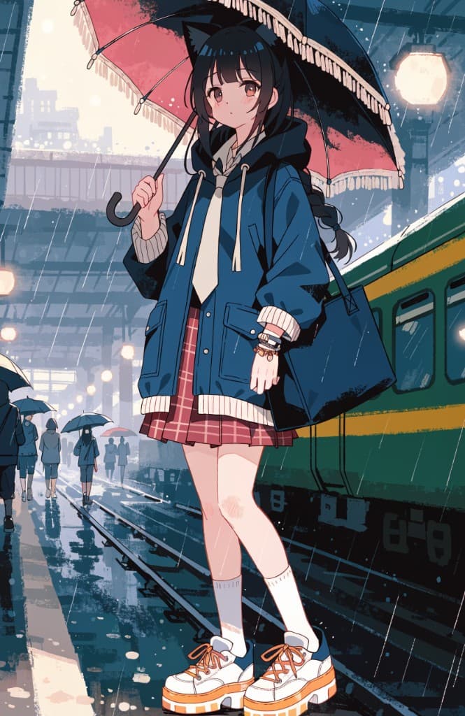 Sample illustration: rainy station platform schoolgirl (Recraft V4)
