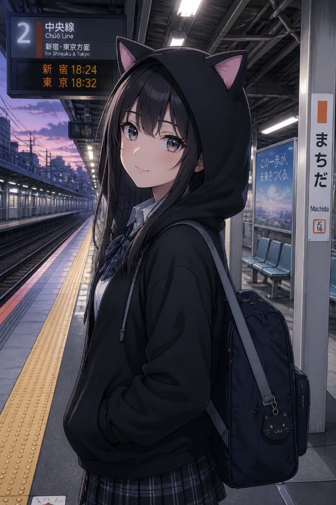 Sample illustration: schoolgirl at dusk station (Animagine)